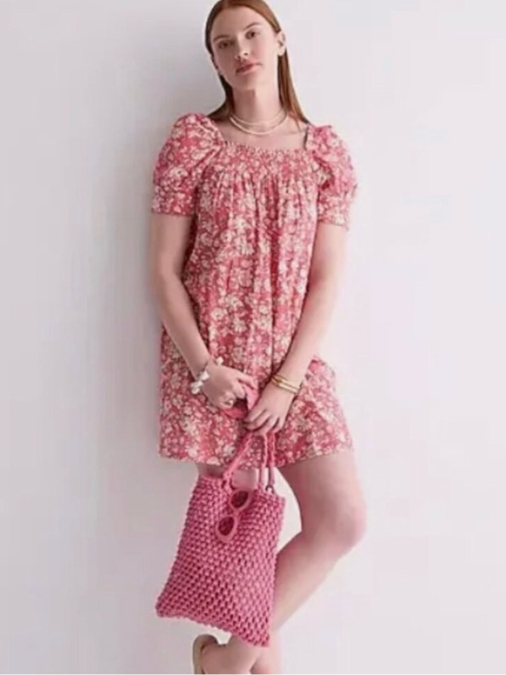 Pink Floral Puff-Sleeve Mini Dress